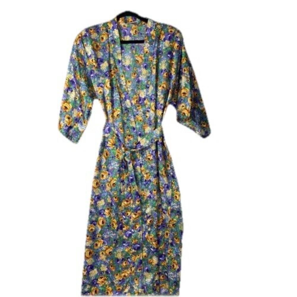 Vintage T Rose Robe Belted Pockets Satin Womens M/L Midi Floral Cottagecore